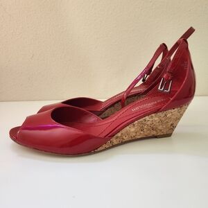 Enzo Angiolini Red Patent Leather Cork Wedge Sandals Peep Toe